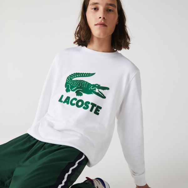 Lacoste Printed Logo Fleece Crew Neck Sweatshirt - Mikiny Pánské Bílé | CZ-wdty7b